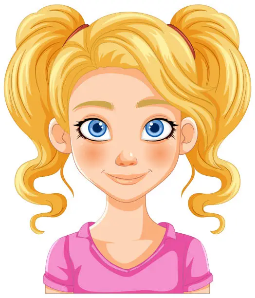 Vector illustration of Bright-eyed girl with blonde pigtails smiling