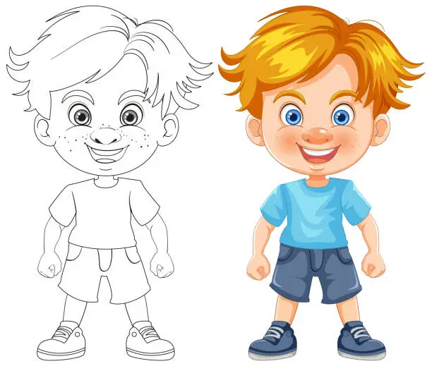 Vector illustration of Vector illustration of a boy, colored and line art