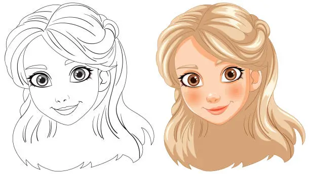 Vector illustration of Line art and colored illustration of a girl