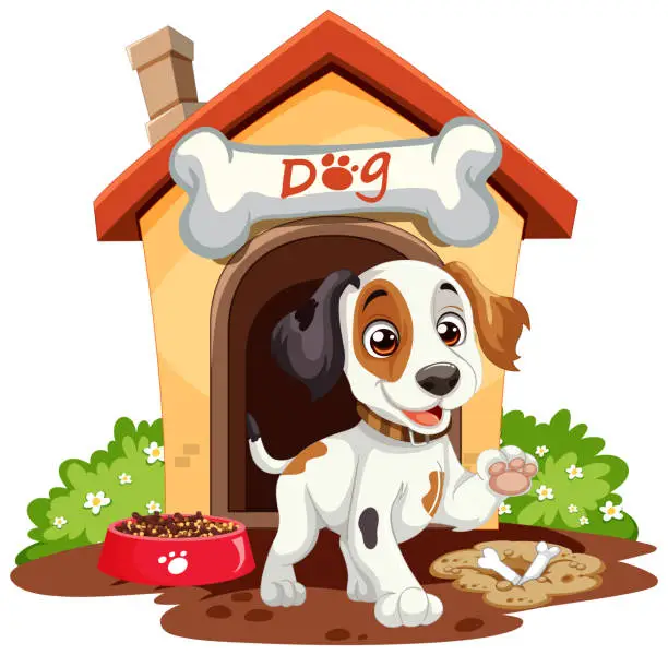 Vector illustration of Cartoon puppy with a bone near its doghouse