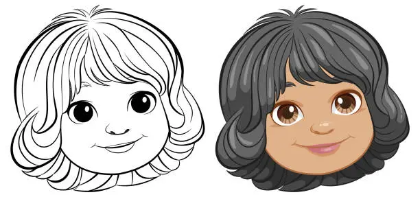 Vector illustration of Two cartoon girl faces with different hairstyles.