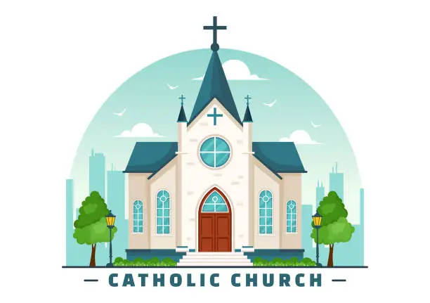 Vector illustration of Cathedral Catholic Church Building Vector Illustration With Architecture, Medieval and Modern Churches Interior Design in Flat Cartoon Background