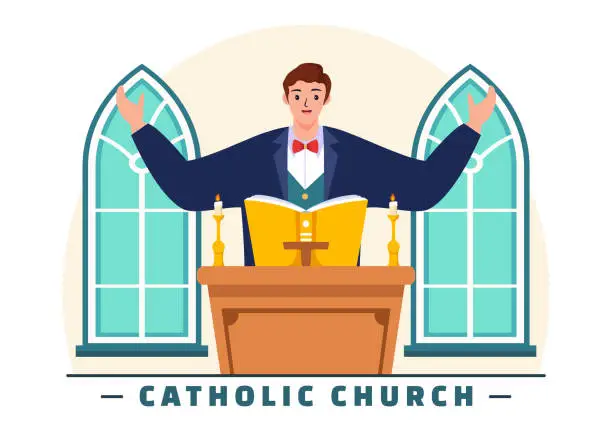 Vector illustration of Cathedral Catholic Church Building Vector Illustration With Architecture, Medieval and Modern Churches Interior Design in Flat Cartoon Background