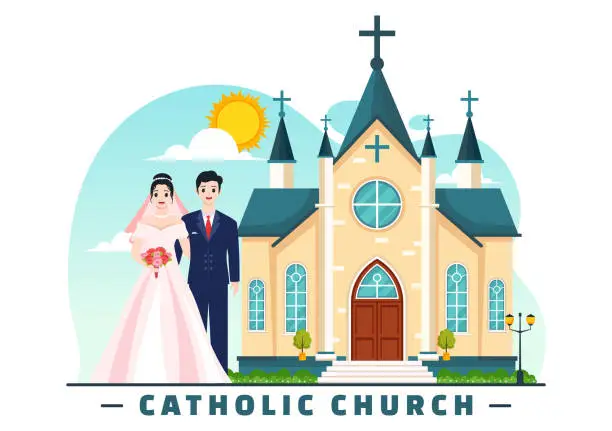 Vector illustration of Catholic Church Cathedral as a Sacred Place for Weddings Flat Cartoon Background Vector Illustration