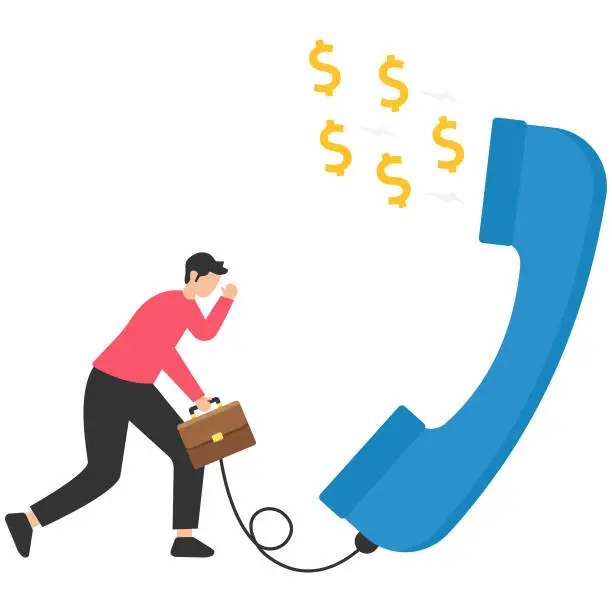 Vector illustration of Telemarketing or telesales, phone call for selling product or business deal via telephone call, insurance agent, Standing with telephone connected to money dollar sign