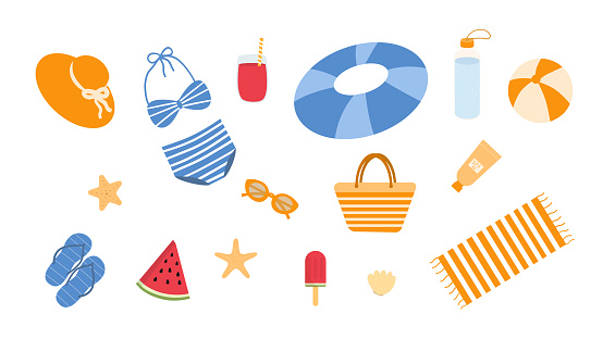 Set of beach holiday, elements for sea, summer vacation trip. Swimsuit, sun hat, glasses, ball, watermelon, ice cream, drink, towel, flip-flops, shells, sun cream, bottle. Flat vector illustration.