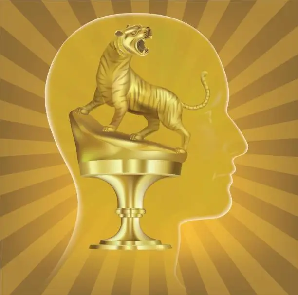 Vector illustration of Golden tiger Award which is in
human head