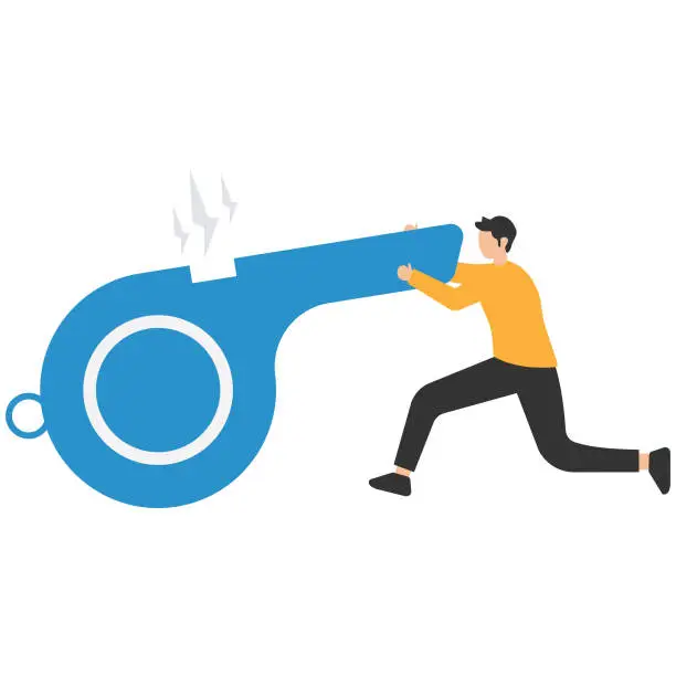 Vector illustration of Business whistleblower the misconduct inside person to illegally disclose information to public, Blowing the whistle out load, Pointing signal to tell other people