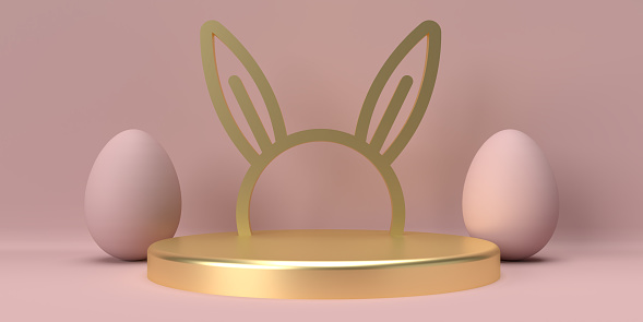 Gold color rabbit ear and pink easter eggs with golden podium for product messages. Stage style, easter theme, product display to be used for product promotions. Products can be placed on the round surface.