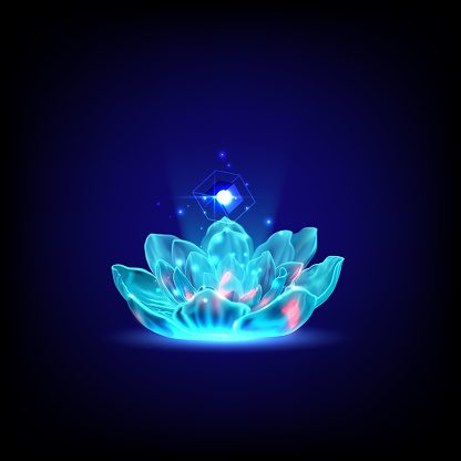 Lotus crystal bloom. Product display and presentation from flower neon glowing. Futuristic sci-fi technology cyberpunk platform. Holographic neon lightings podium. Magic gate in game fantasy