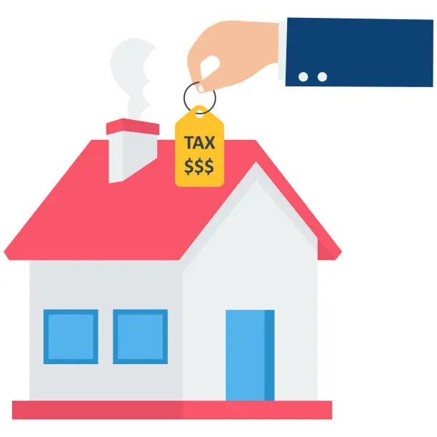 Vector illustration of Property tax, Real estate or housing payment, Money or bills to pay for government, Hand holding houses with the price tags, Property tax with dollar signs to pay