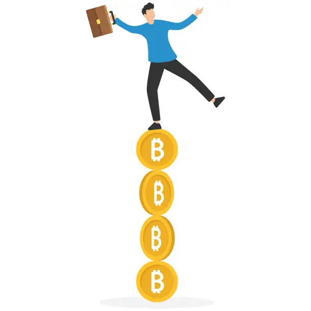 Vector illustration of Bitcoin and crypto investment risk, Balance between risk and return, Cryptocurrency challenge to overcome volatility and make profit, Balancing as acrobat on giant bitcoin