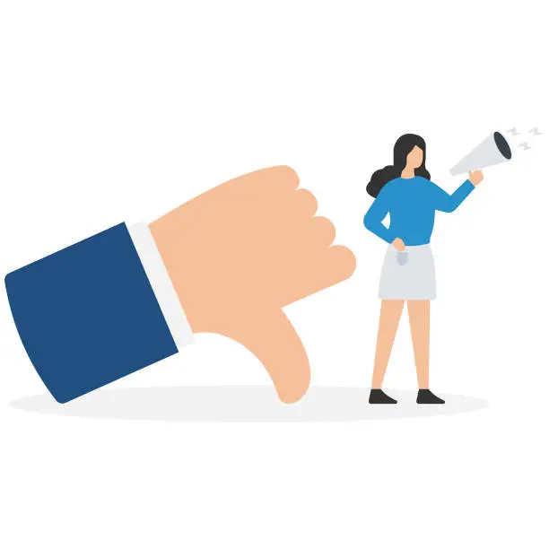 Vector illustration of Discredit or blame other people, Bullying and discourage speaking, Fake news or negative feedback, Megaphone discredit and blaming, People on thumb down symbol