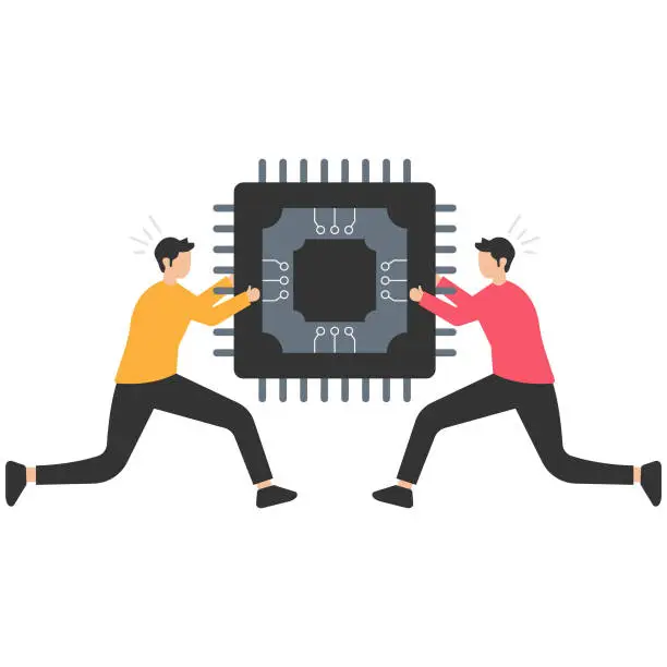 Vector illustration of Semiconductor and computer chip supply chain shortage due to Coronavirus COVID-19 pandemic, Electronics manufacturing problem, Tug of war fighting to get computer chips