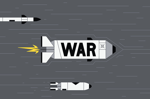 War concept vector background with missiles. Missiles flying in the air. Bombard.