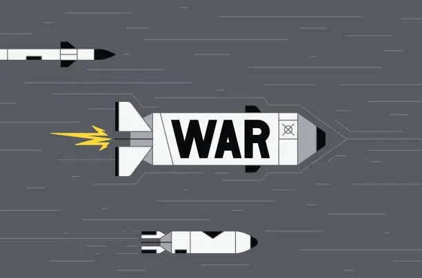 Vector illustration of War concept vector background with missiles. Missiles flying in the air. Bombard.