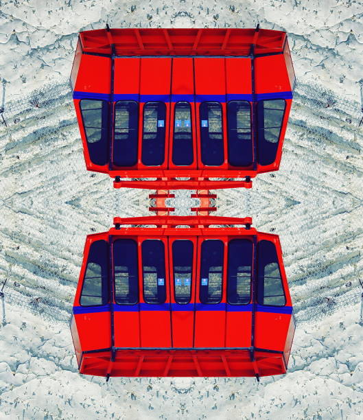 Red Van Mirror Effect. Cable Car. Transport design. Symmetrical Abstract Art Banner
