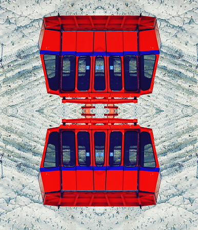Red Van Mirror Effect. Cable Car. Transport design. Symmetrical Abstract Art Banner