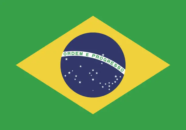 Vector illustration of Brazil flag. Standard size. The official ratio. A rectangular flag. Standard color. Flag icon. Digital illustration. Computer illustration. Vector illustration.
