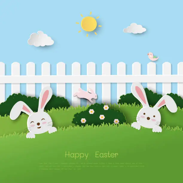 Vector illustration of Happy Easter greeting card,celebrate theme with easter eggs and rabbits on paper cut and craft style