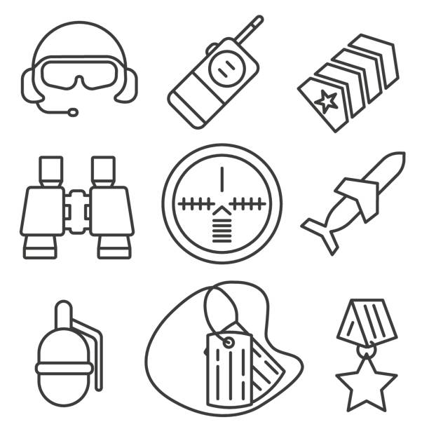 ilustrações, clipart, desenhos animados e ícones de ícones militares simples de linha fina. ícones militares.  ilustração vetorial. - silhouette computer icon handgun satellite
