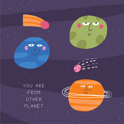 Cute space postcard with funny hand drawn doodle planets, Saturn, comet. You are from other planet card. Cosmic, universe, night sky cover, template, banner, poster, print. Cartoon background for kids