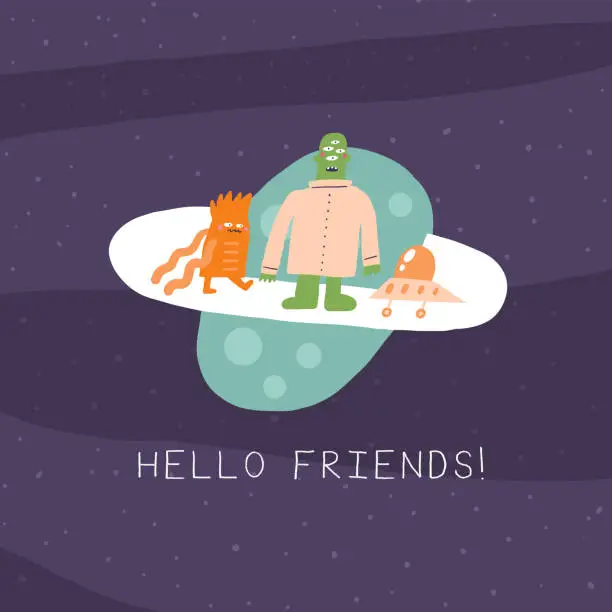 Vector illustration of Cute doodle space cosmos postcard