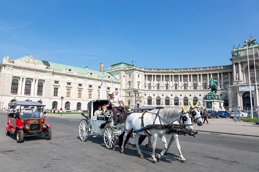 Vienna, Austria - June 19, 2023: Walking cart with horses on  on Heldenplatz Square in Vienna