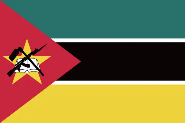 Vector illustration of Mozambique flag. Standard color. Rectangular icon. A rectangular flag. Digital illustrations. Computer illustration. Vector illustration.