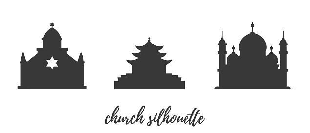 Churches illustrations. Temple, mosque, synagogue. Vector silhouettes illustrations on a white background.