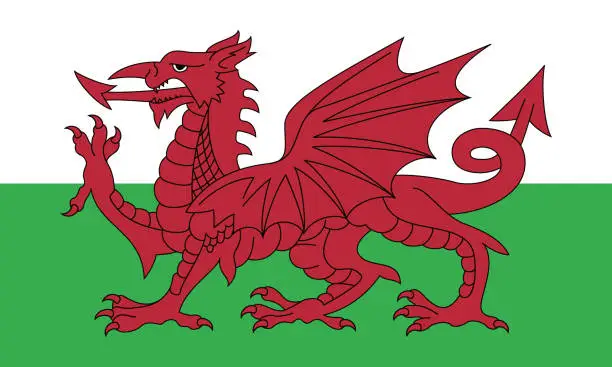 Vector illustration of Wales flag. Standard size. The official ratio. A rectangular flag. Standard color. Flag icon. Digital illustration. Computer illustration. Vector illustration.