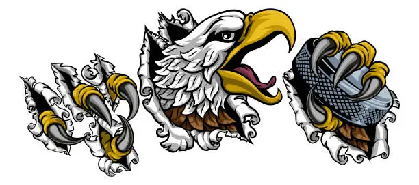 Vector illustration of Bald Eagle Hawk Ripping Ice Hockey Mascot Puck