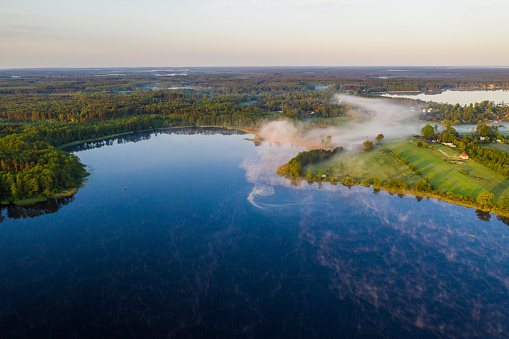 Śniardwy Lake photography from drone. Śniardwy is the largest lake in Poland, located in the Warmian-Masurian Voivodeship, within the districts of Mrągowo and Pisz, situated in the Masurian Lake District, in the Pisa river basin. It is a glacial lake.