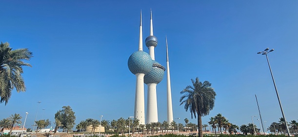 Kuwait City, Kuwait – December 27, 2023: Kuwait Towers, the most iconic building of Kuwait City, Kuwait