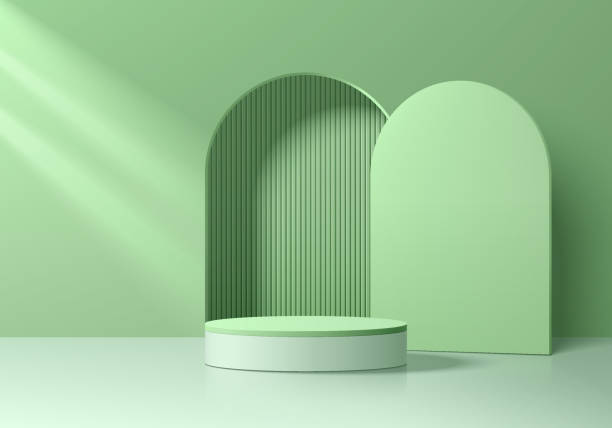 istock Realistic 3D green and white podium pedestal background with arch shape door wall scene. Minimal scene mockup or product stage showcase, Banner cosmetic promotion display. 3D abstract vector platforms 2106129455