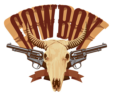 Vector emblem for a Cowboy Rodeo show. Decorative illustration with skull of bull and two pistols in retro style. Suitable for banner icon, invitation, flyer, label, tattoo, t-shirt design