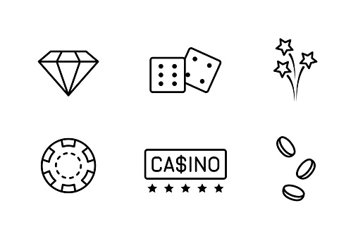 Set of Gambling Icons.  Gambling icons set, casino and card, poker game. Icons as diamond, firework, Dice, Chips, Coins, Signboard. Vector illustration In linear style