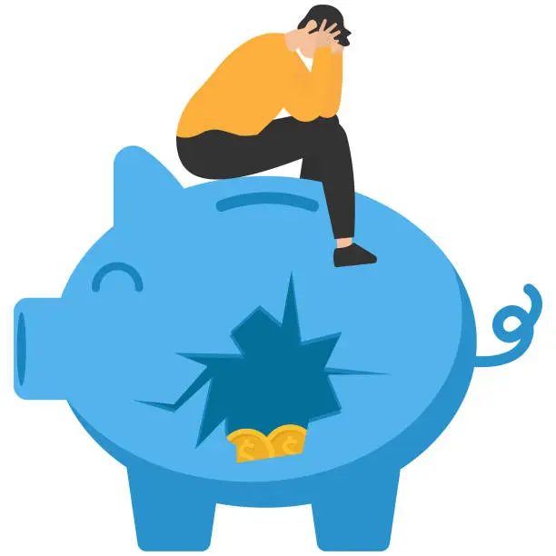 Vector illustration of Debt and loan problem or financial mistake, Poverty or bankruptcy and sitting with broken piggy bank concept,