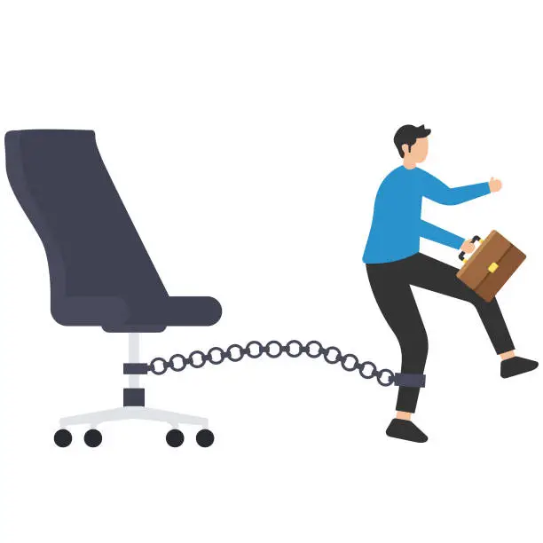 Vector illustration of Office job work hard like a slave, Overworked with busy and urgent assignments, Exhausted or stressful, Prisoner found himself chained with working desk