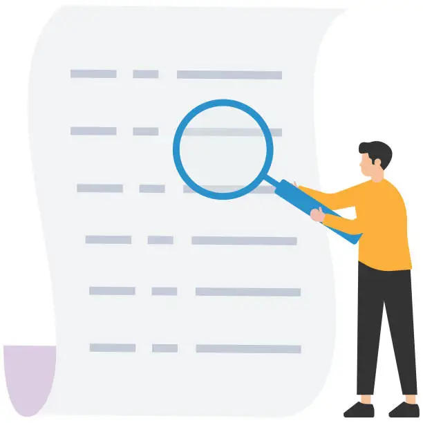 Vector illustration of Document checking, Agreement or contract validation, Financial or budget analysis, Search for document files, Manager holding big magnifying glass, Checking document and work paper