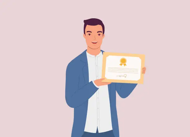 Vector illustration of Businessman Displaying A Certificate. Recognition.