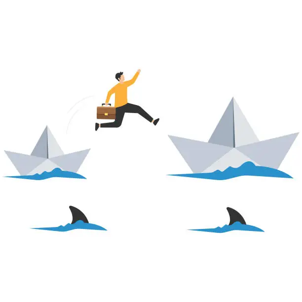 Vector illustration of Change or move to better opportunity, Entrepreneurship, escape from comfort zone or safe zone, Determination or new challenge, Jump from small fish bowl to the better one