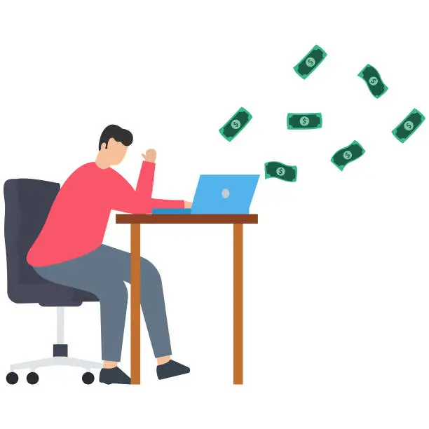 Vector illustration of Make money online, Earning form online investment or computer crypto trading, affiliate marketing or e-commerce sales, Riding unicycle making money from laptop