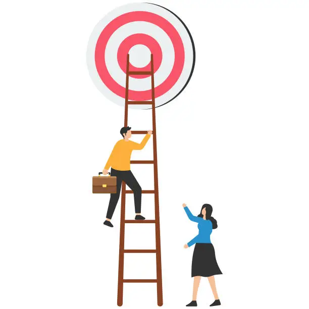 Vector illustration of Ladder to reach goal, target and achievement, challenge to find success, Business objective or purpose, Climb up ladder high into cloud, Sky to reach goal dartboard