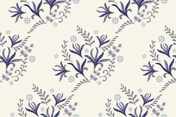 Vector illustration of Ethnic Floral Pattern Seamless branches leaves embroidery silhouette flower motifs on white background watercolour brush ikat texture style hand drawn. Vector illustration.