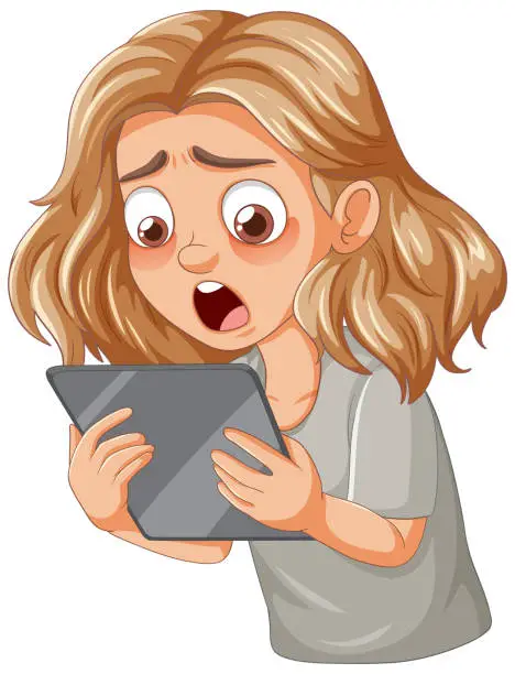 Vector illustration of Cartoon of a girl surprised while using a tablet