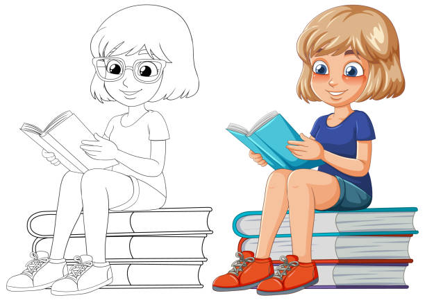 ilustraciones, imágenes clip art, dibujos animados e iconos de stock de vector colorido de una niña leyendo en una pila de libros - chapters