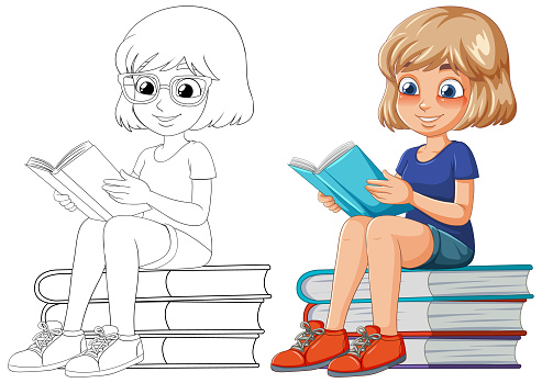 Colorful vector of a girl reading on a stack of books