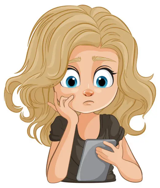 Vector illustration of Cartoon of a concerned woman looking at her phone