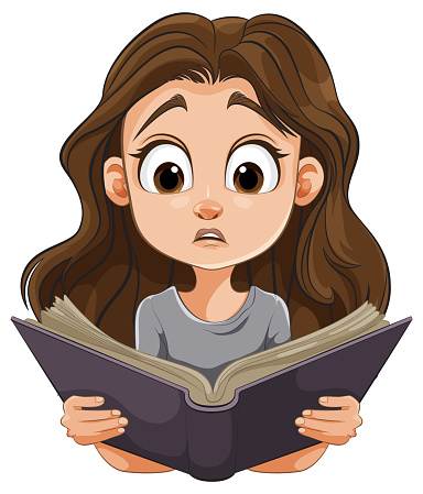 Cartoon girl with wide eyes reading intently